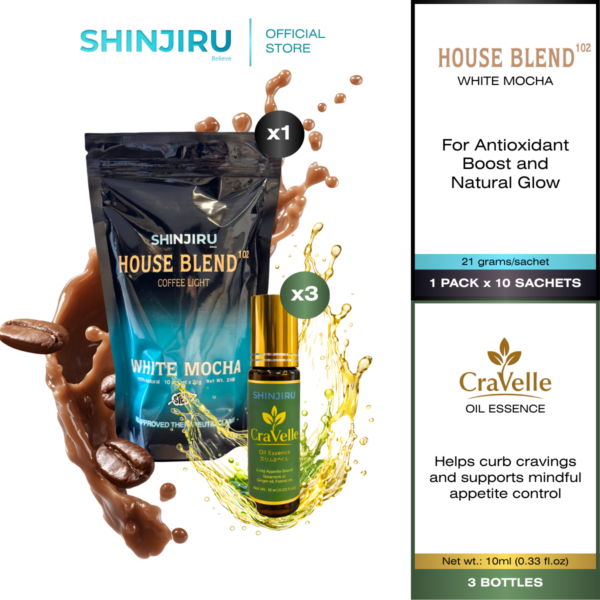 3 CRVL 1 HB Shinjiru House Blend 102 Detox Drink and Shinjiru CraVelle Oil Essence 10ml Appetite Control Aromatherapy Craving Support Digestive Care | 4-in-1 Bundle