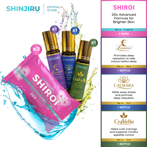Shinjiru Shiroi Niacinamide Beauty Soap and Shinjiru Signature Oil Essentials 3in1 Bundle Sleep Stress Appetite Aromatherapy Oil Set 10ml | 6-in-1 Bundle