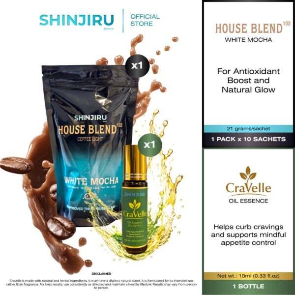 Shinjiru House Blend 102 Detox Drink and Shinjiru CraVelle Oil Essence 10ml Appetite Control Aromatherapy Craving Support Digestive Care | 2-in-1 Bundle