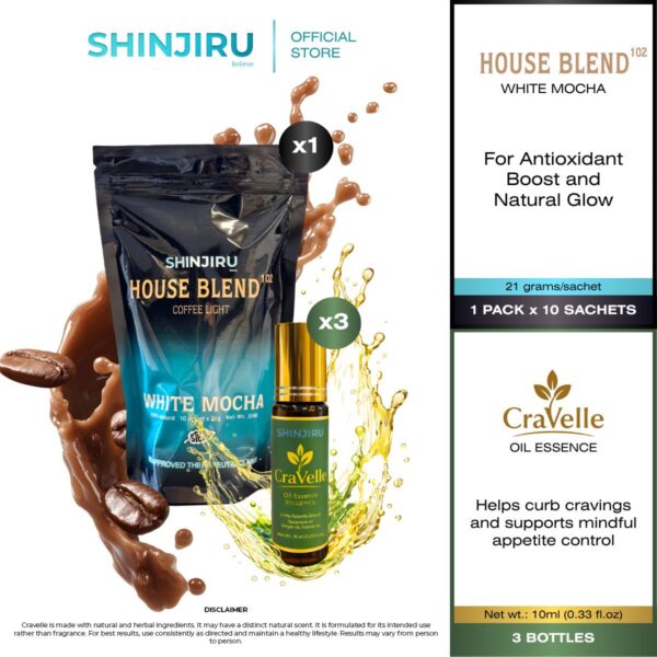 Shinjiru House Blend 102 Detox Drink and Shinjiru CraVelle Oil Essence 10ml Appetite Control Aromatherapy Craving Support Digestive Care | 4-in-1 Bundle