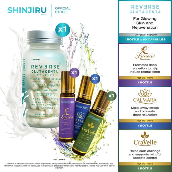 Shinjiru Reverse Glutacenta Capsules and Shinjiru Signature Oil Essentials Sleep Stress Appetite Aromatherapy Oil Set 10ml | 4-in-1 Bundle