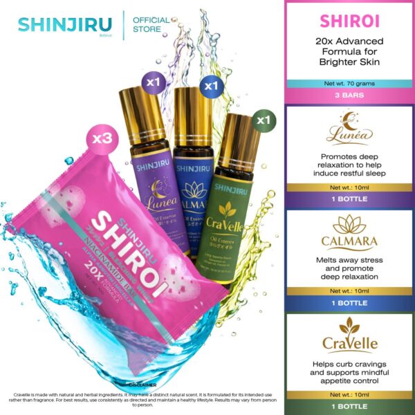 Shinjiru Shiroi Niacinamide Beauty Soap and Shinjiru Signature Oil Essentials 3in1 Bundle Sleep Stress Appetite Aromatherapy Oil Set 10ml | 6-in-1 Bundle